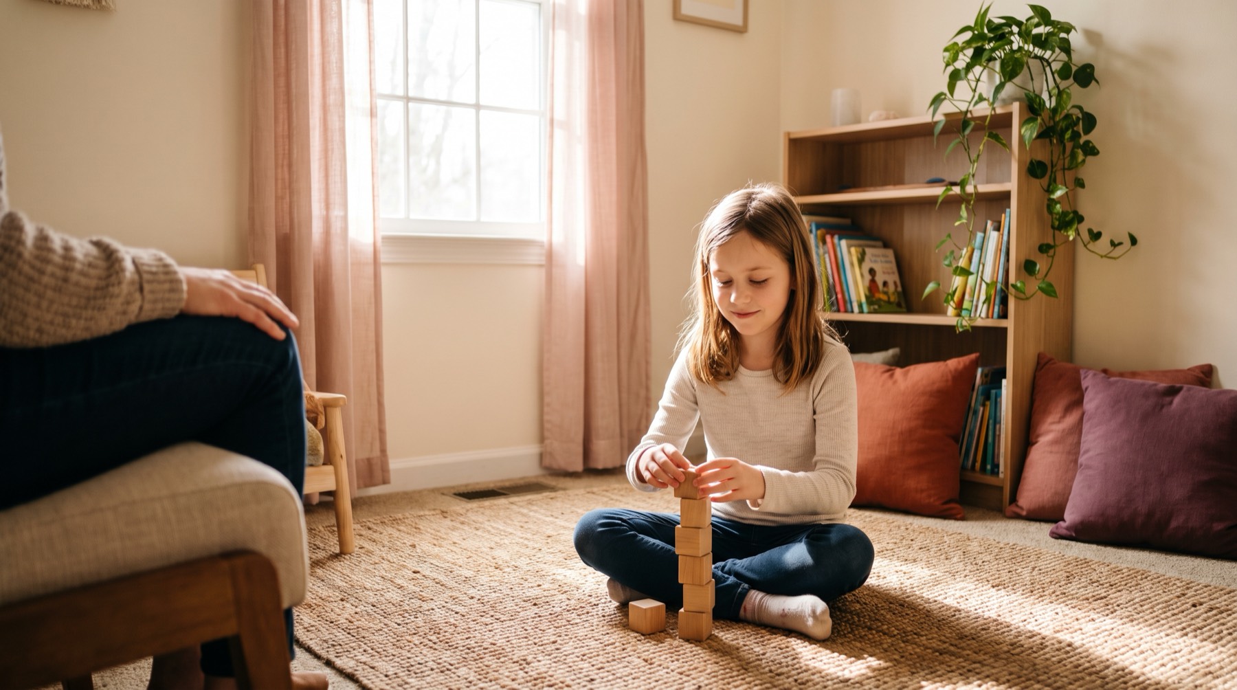 A girl building a tower of wooden blocks on the rug while an adult sits nearby