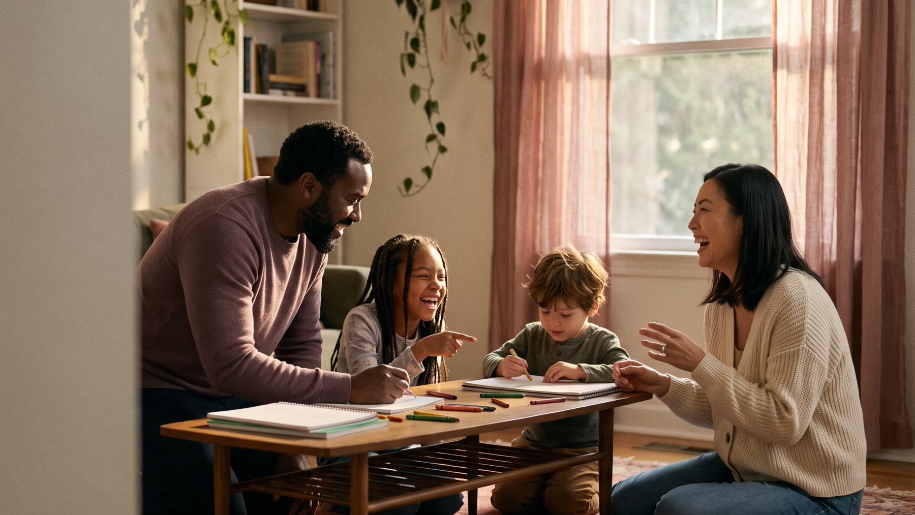 Two parents and their children drawing together at home