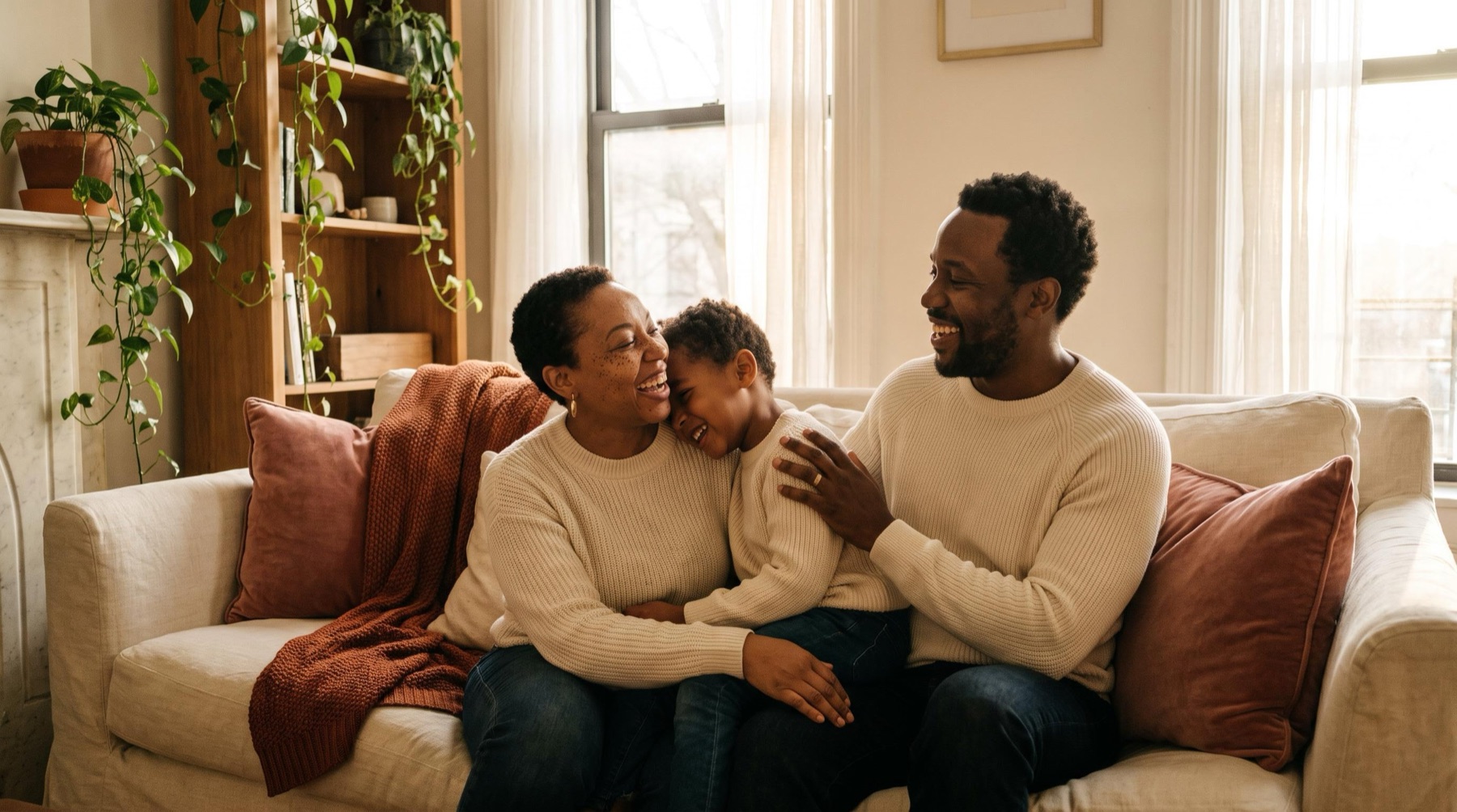 Two parents and their young child laughing together at home