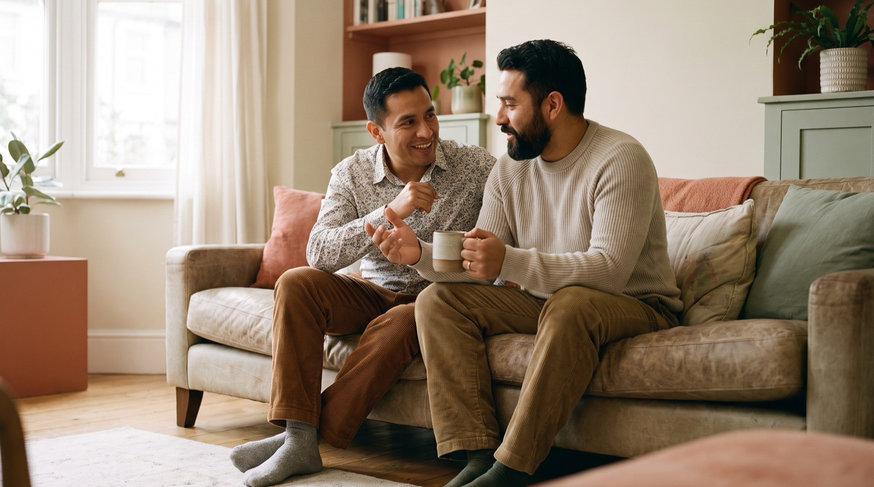 Two fathers sitting together on the sofa at home, talking over a cup of coffee